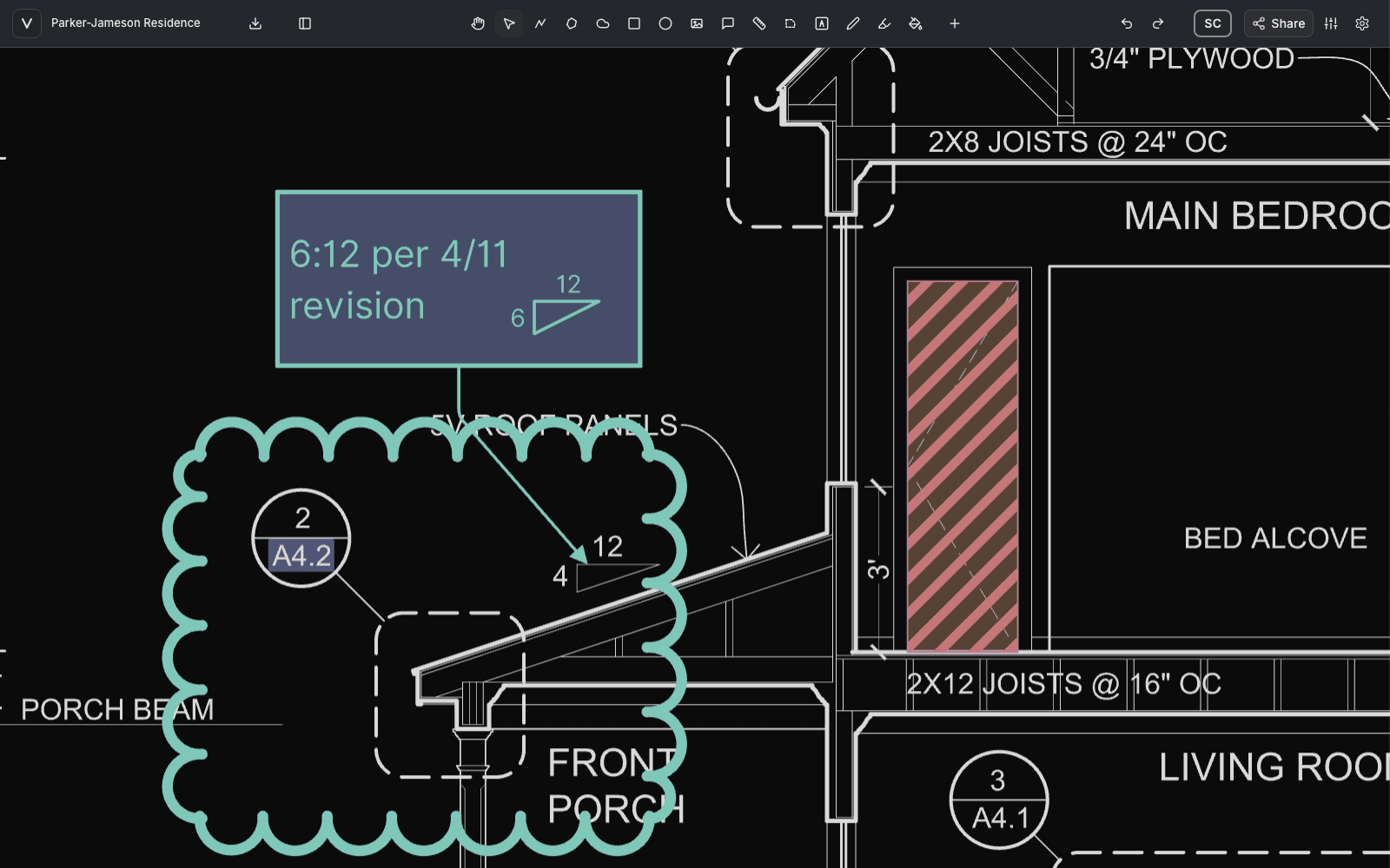 A revision cloud and callout on a building section in the Vellum workspace