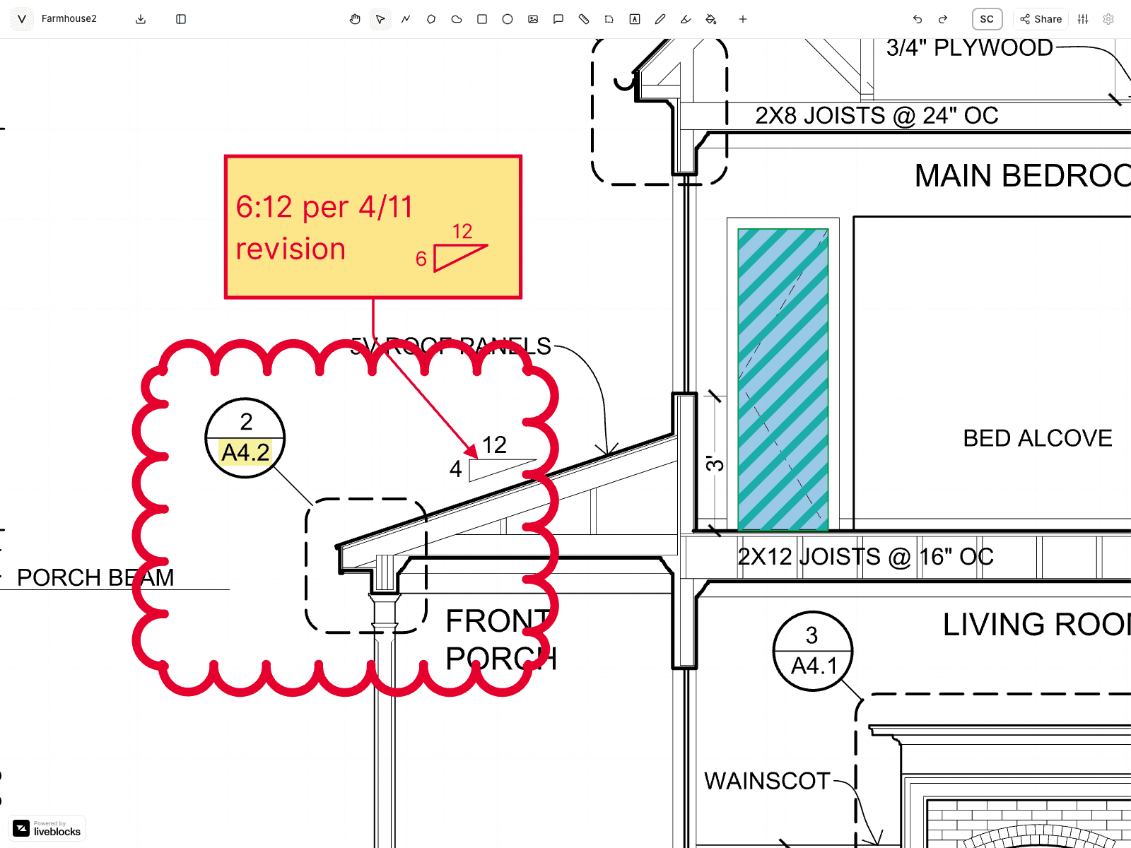 A marked-up building section open in Vellum on a tablet