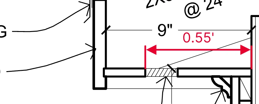 A calibrated dimension reading 0.55 feet on a construction detail in Vellum